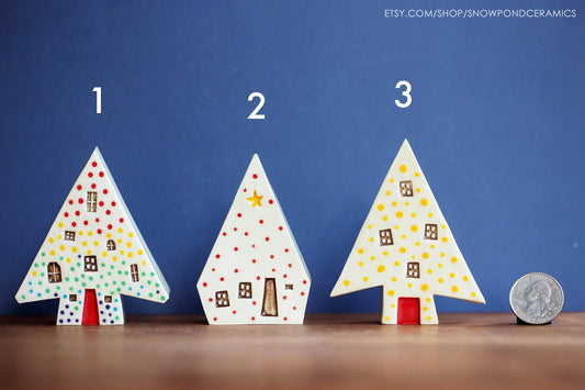 Ceramic Christmas Tree / Treehouses with Polka Dot Lights, Stars, Windows