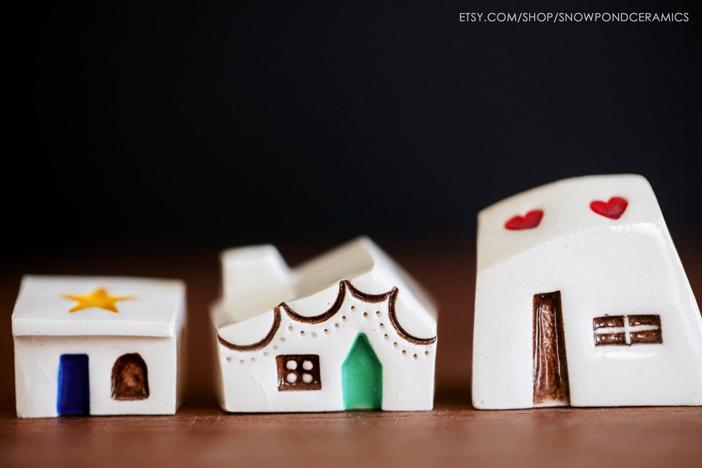 Small Whimsical Ceramic Houses Host Gift with Colorful Details - Hearts, Dog in Window