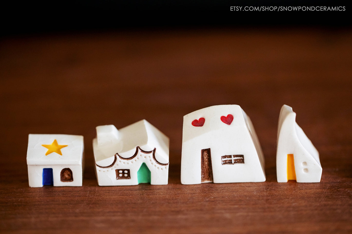 Small Whimsical Ceramic Houses Host Gift with Colorful Details - Hearts, Dog in Window