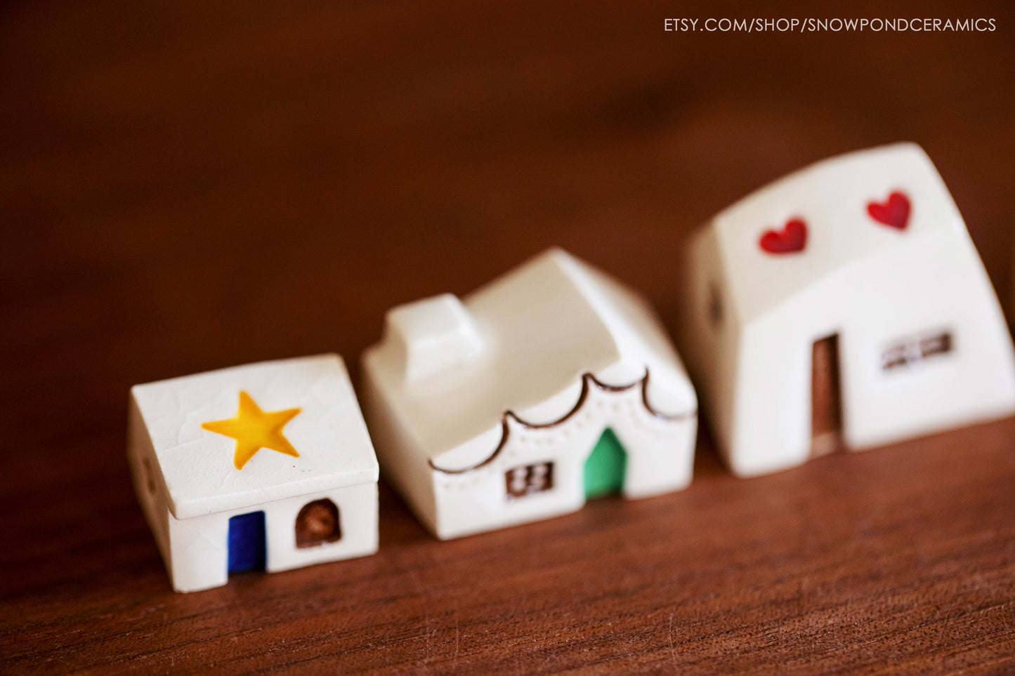 Small Whimsical Ceramic Houses Host Gift with Colorful Details - Hearts, Dog in Window