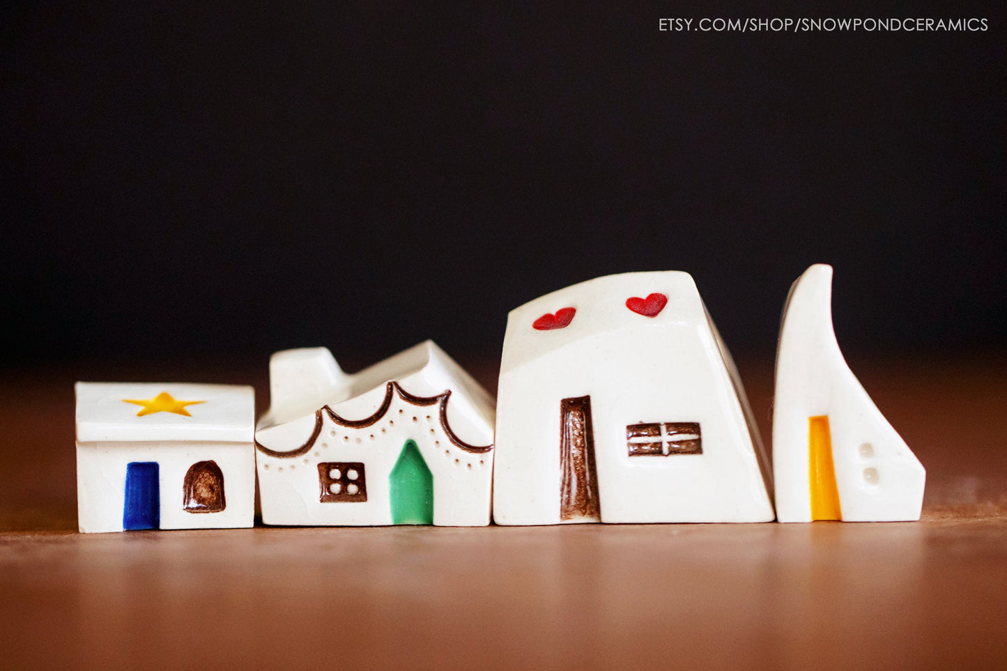 Small Whimsical Ceramic Houses Host Gift with Colorful Details - Hearts, Dog in Window