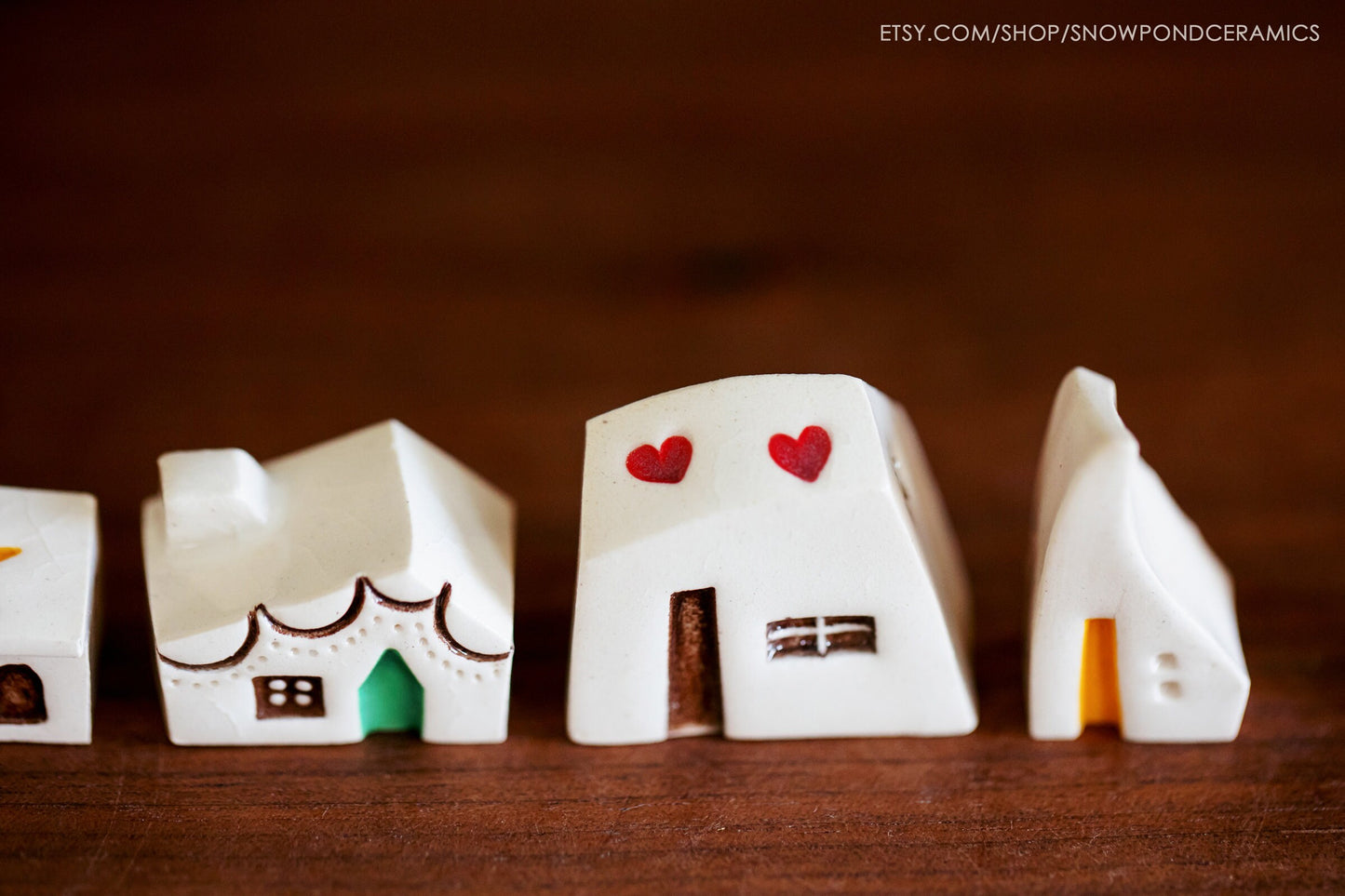 Small Whimsical Ceramic Houses Host Gift with Colorful Details - Hearts, Dog in Window