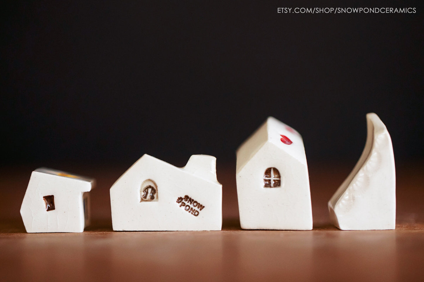 Small Whimsical Ceramic Houses Host Gift with Colorful Details - Hearts, Dog in Window