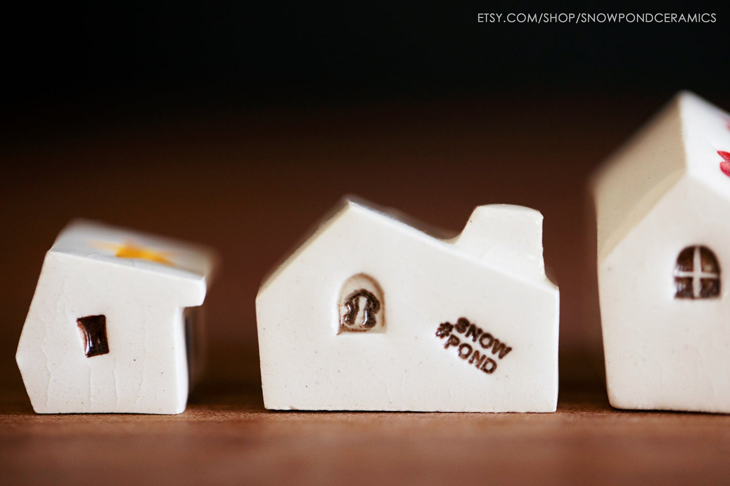 Small Whimsical Ceramic Houses Host Gift with Colorful Details - Hearts, Dog in Window