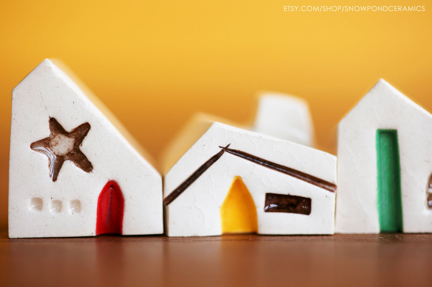 Small Rainbow Ceramic Village with Stars and Cats - Tiny Art