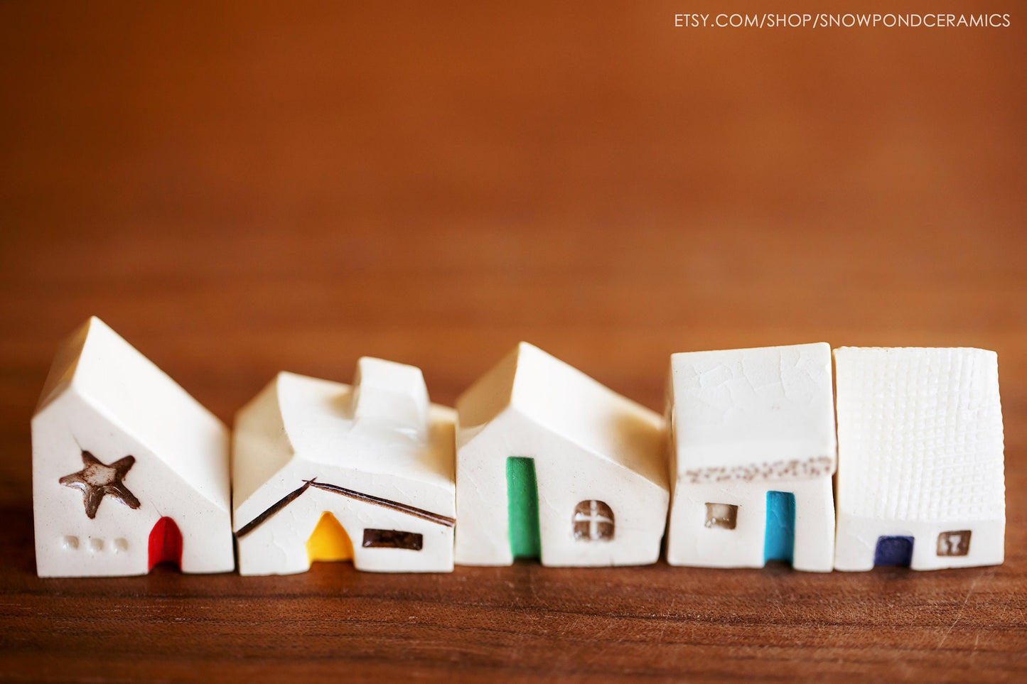 Small Rainbow Ceramic Village with Stars and Cats - Tiny Art