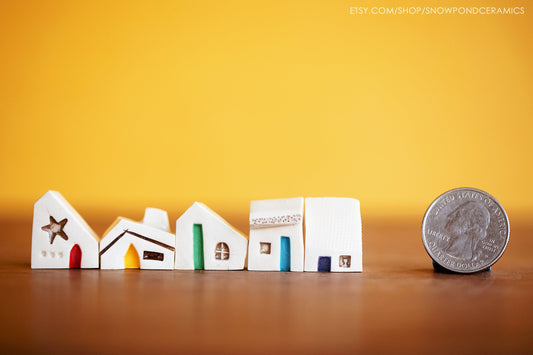 Small Rainbow Ceramic Village with Stars and Cats - Tiny Art