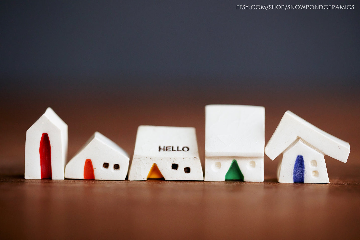 Miniature White Ceramic Houses with Rainbow of Doors - Modern Tiny Village - Hello Message