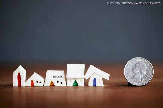 Miniature White Ceramic Houses with Rainbow of Doors - Modern Tiny Village - Hello Message