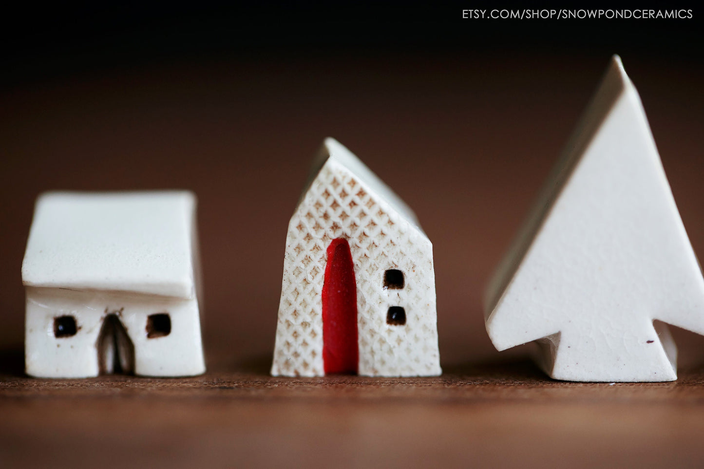 Teeny Tiny Modern Holiday White Ceramic Houses and Tree - Simple Christmas Decor