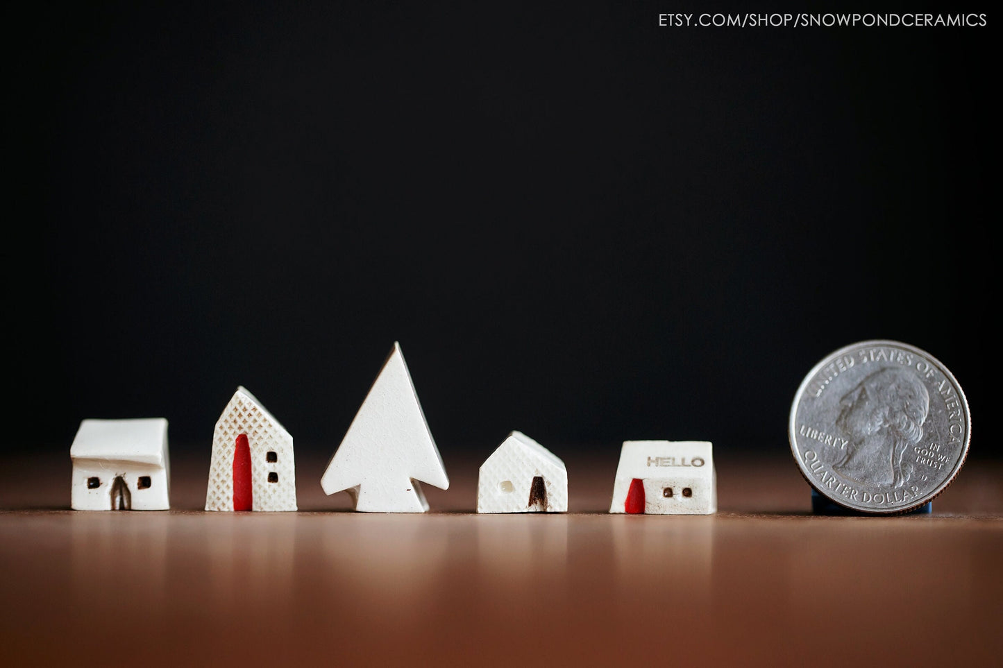 Teeny Tiny Modern Holiday White Ceramic Houses and Tree - Simple Christmas Decor