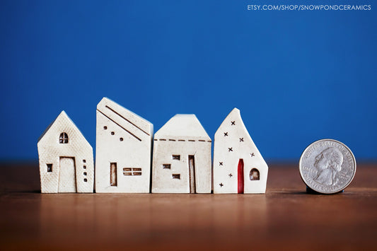 Tiny Art - Miniature Ceramic Houses with Stitch Lines - Housewarming Gift / Unique Birthday Present