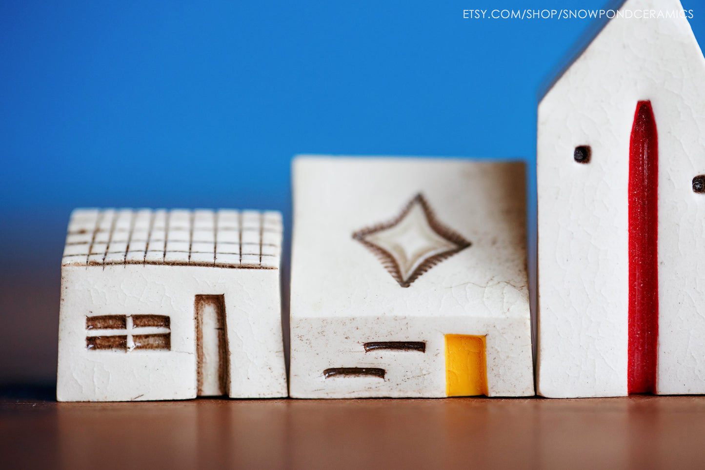 Small Ceramic Village with Sunshine and Yellow Doors - Secret HELLO Message