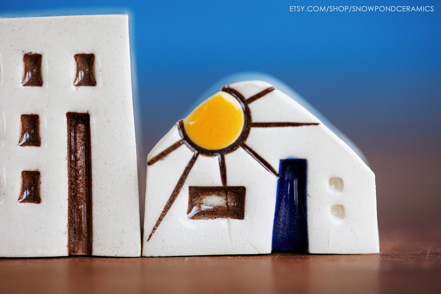 Small Ceramic Village with Sunshine and Yellow Doors - Secret HELLO Message