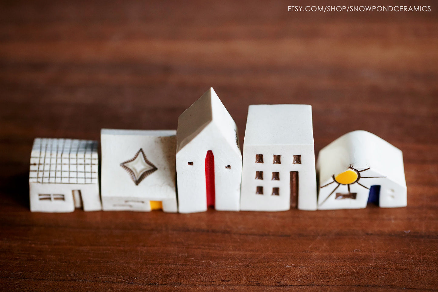 Small Ceramic Village with Sunshine and Yellow Doors - Secret HELLO Message