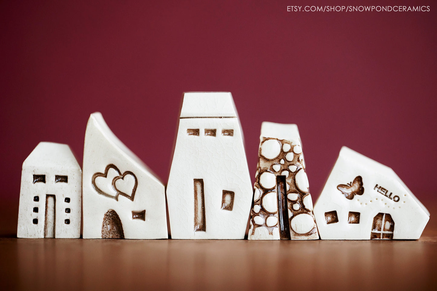 Small Whimsical Ceramic Houses with Butterflies, Cobblestones, Hearts - Happy Anniversary Gift