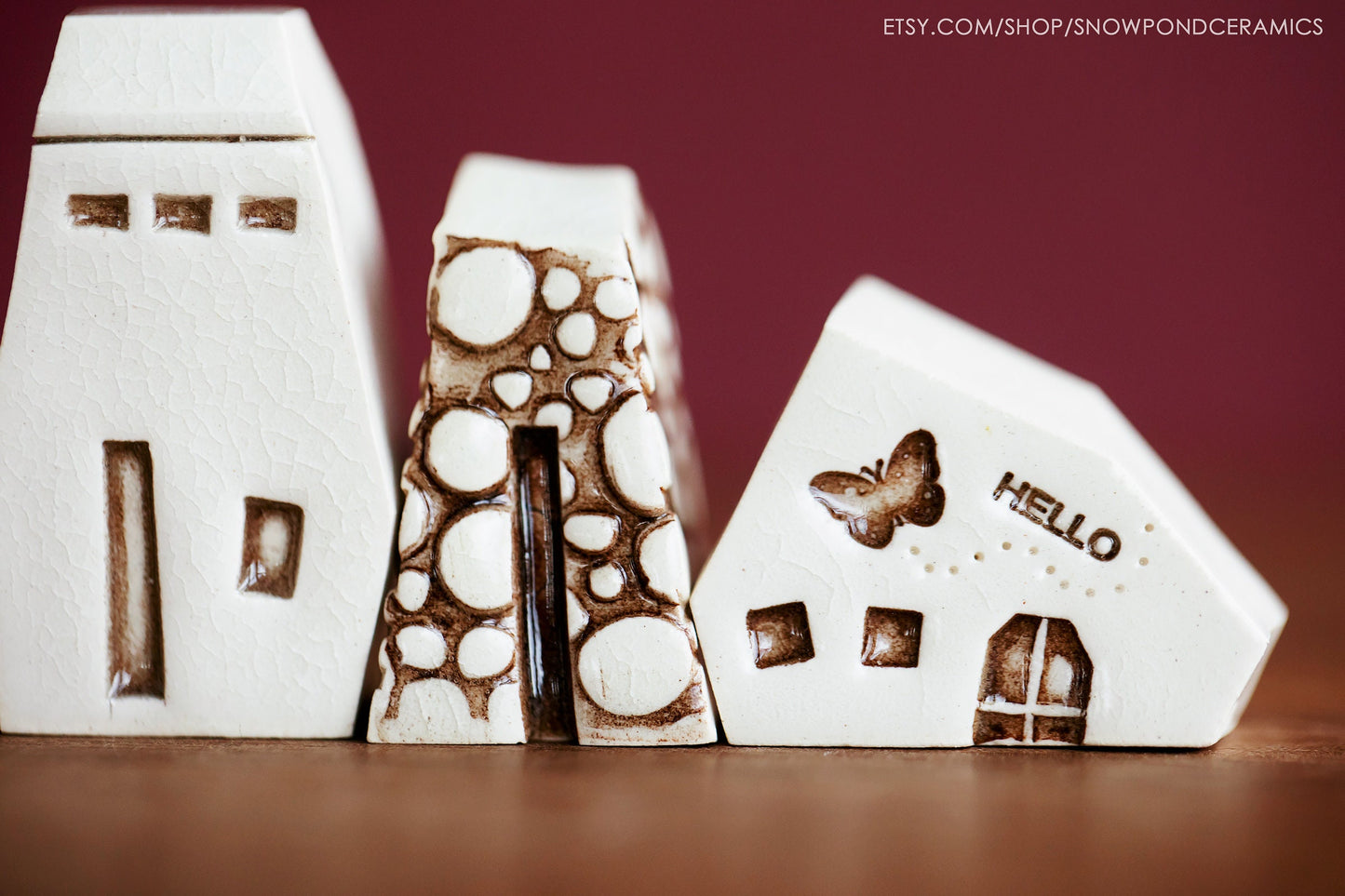 Small Whimsical Ceramic Houses with Butterflies, Cobblestones, Hearts - Happy Anniversary Gift