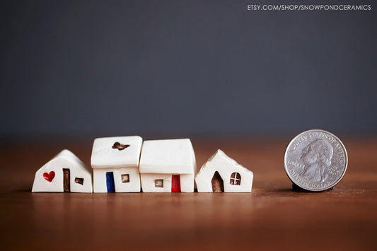 Whimsical Ceramic Village with Heart and Butterfly Houses - Miniature White Houses Gift