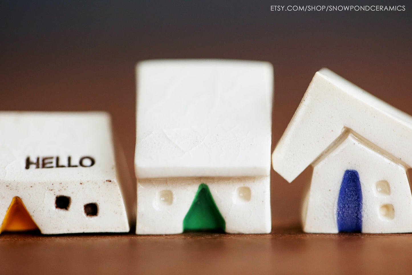 Miniature White Ceramic Houses with Rainbow of Doors - Modern Tiny Village - Hello Message