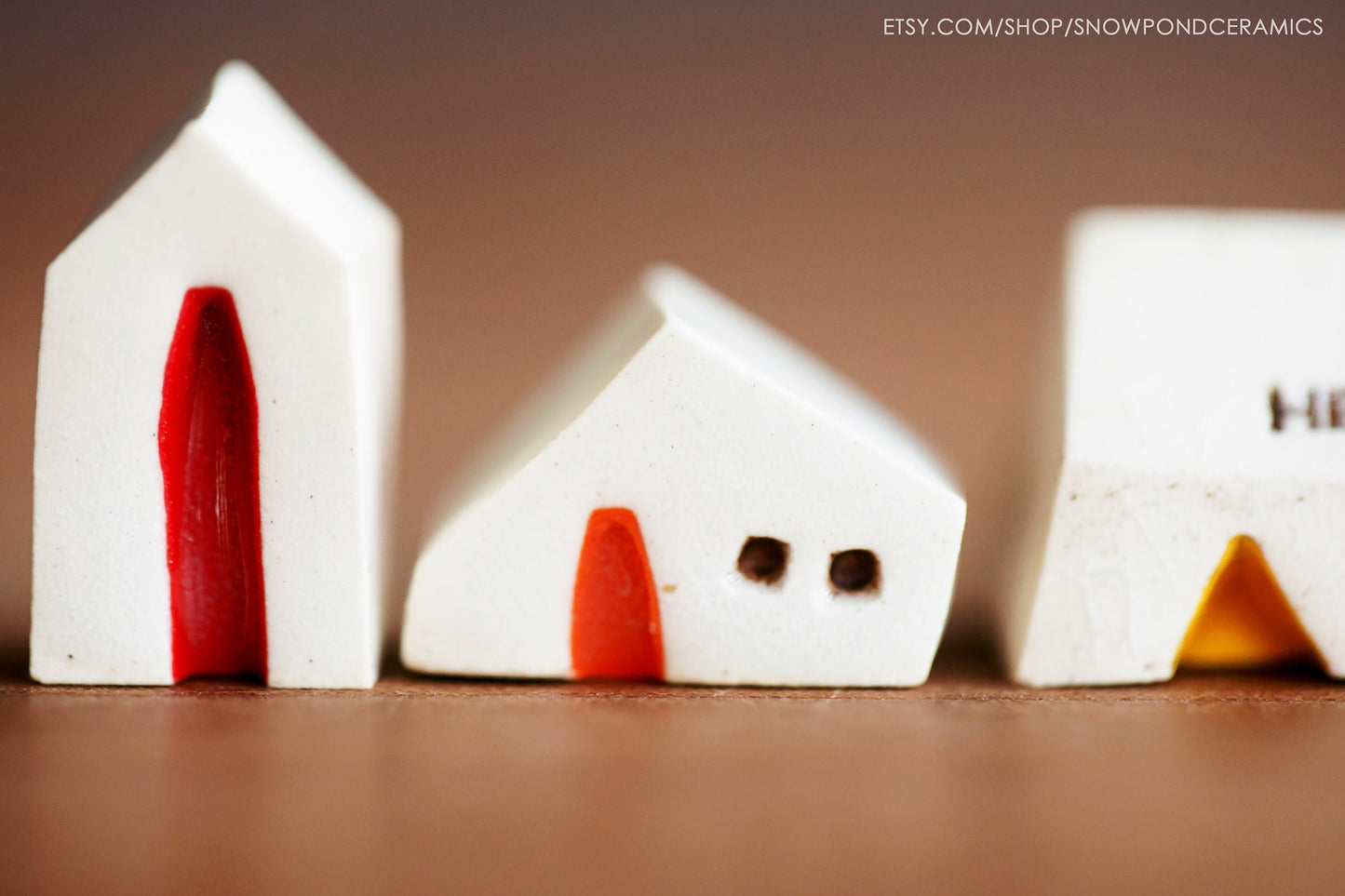 Miniature White Ceramic Houses with Rainbow of Doors - Modern Tiny Village - Hello Message