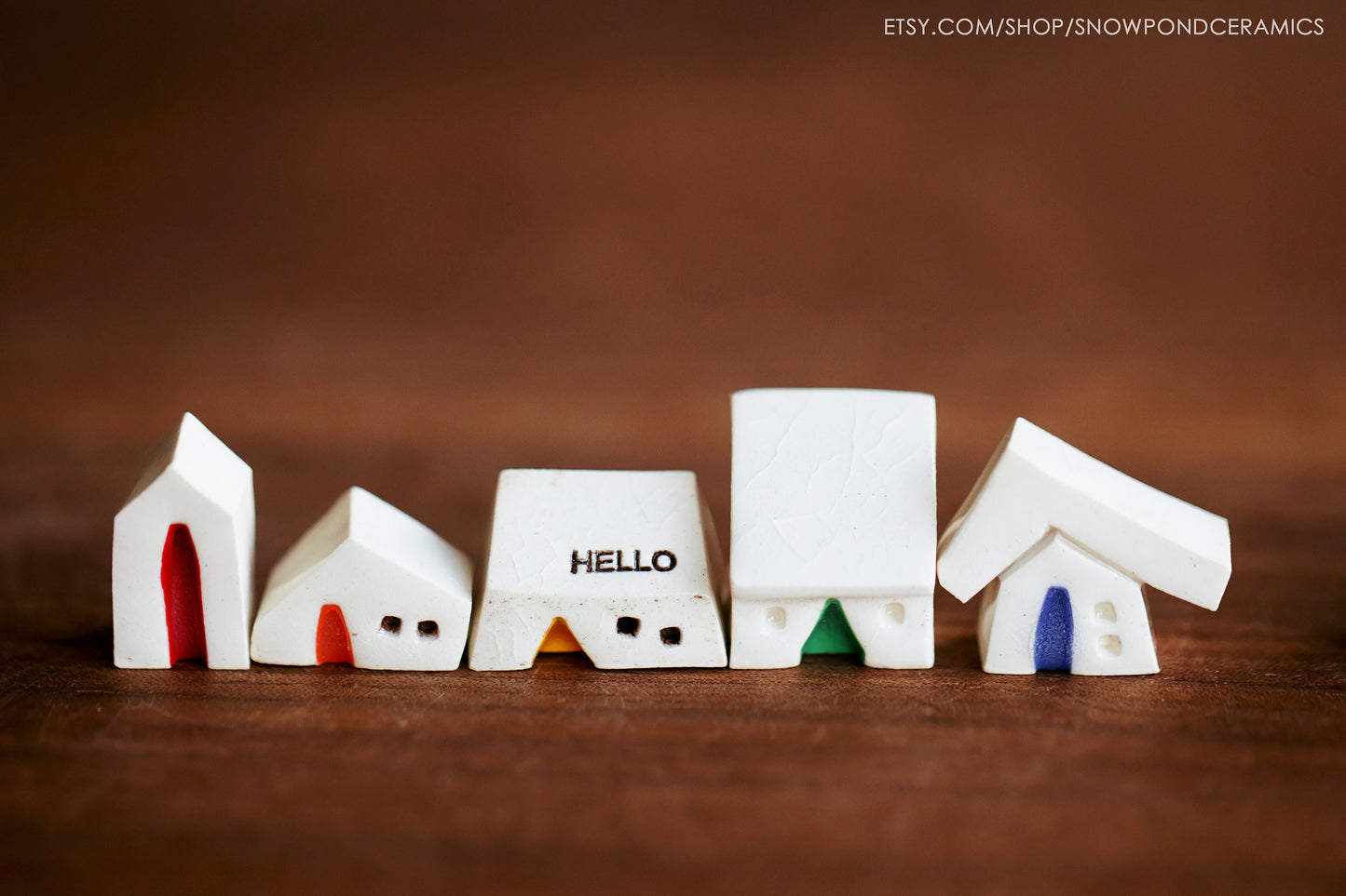 Miniature White Ceramic Houses with Rainbow of Doors - Modern Tiny Village - Hello Message