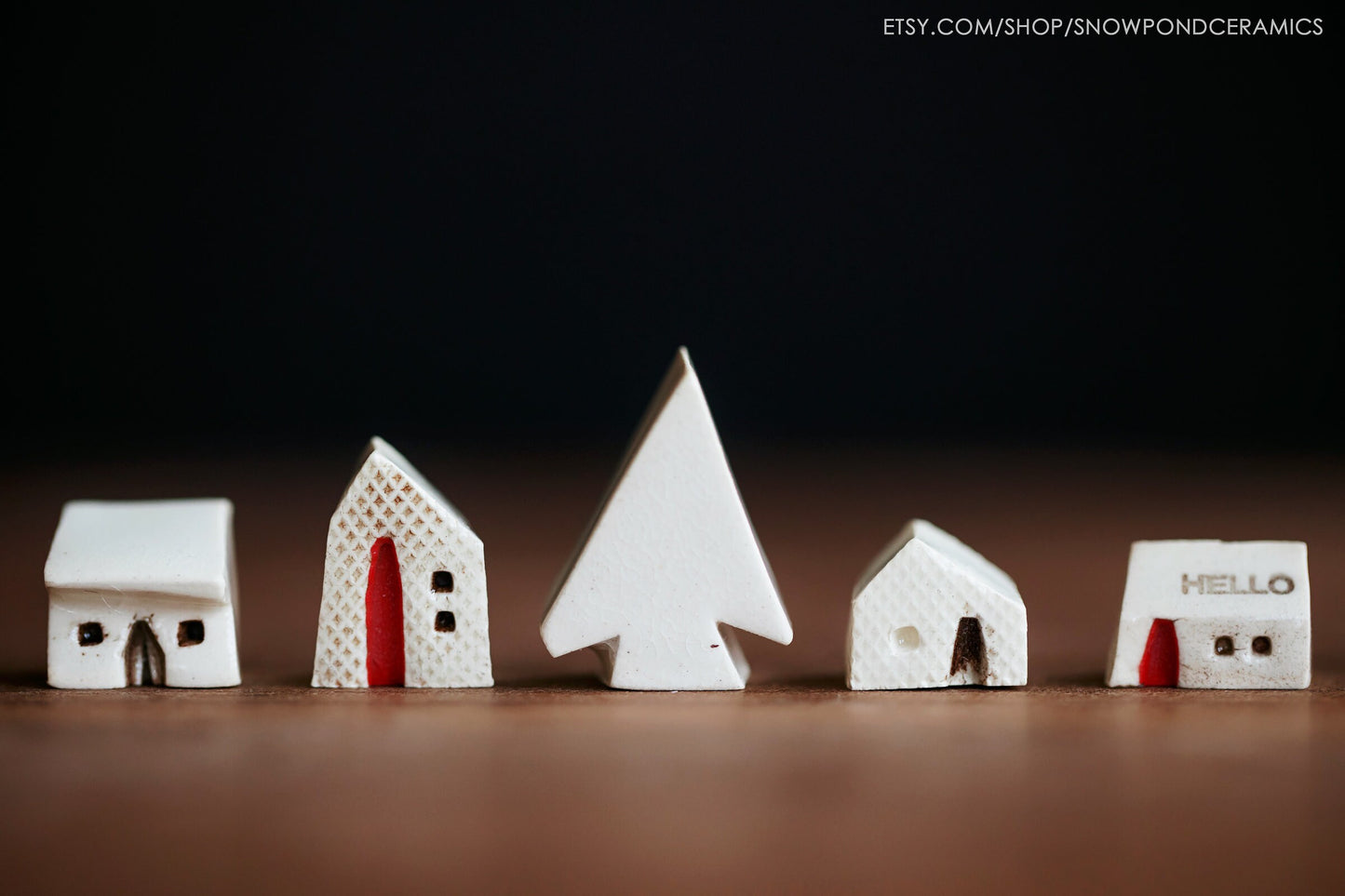 Teeny Tiny Modern Holiday White Ceramic Houses and Tree - Simple Christmas Decor