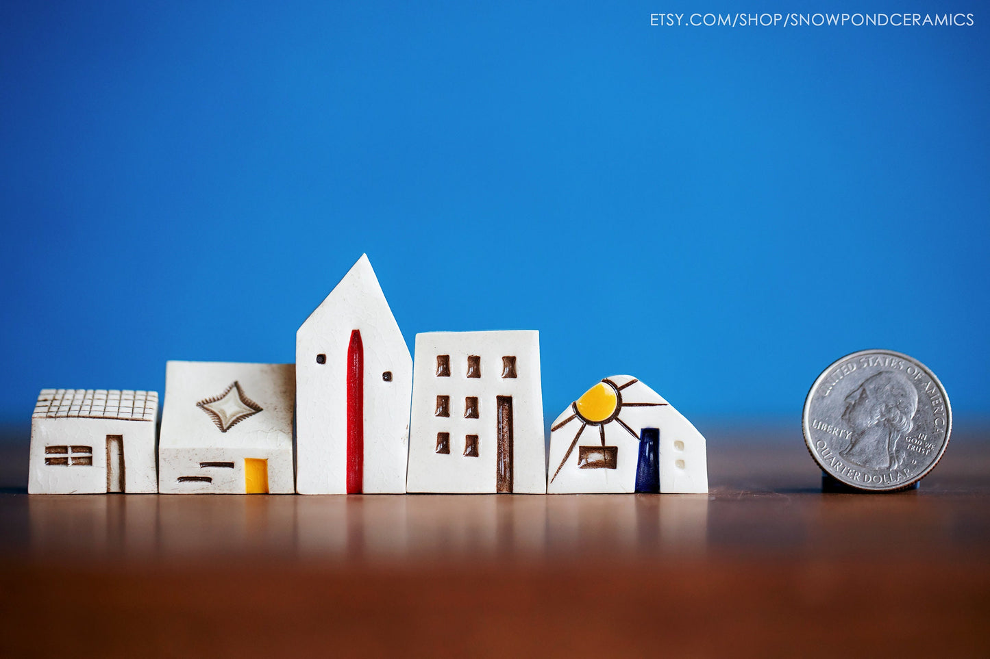 Small Ceramic Village with Sunshine and Yellow Doors - Secret HELLO Message