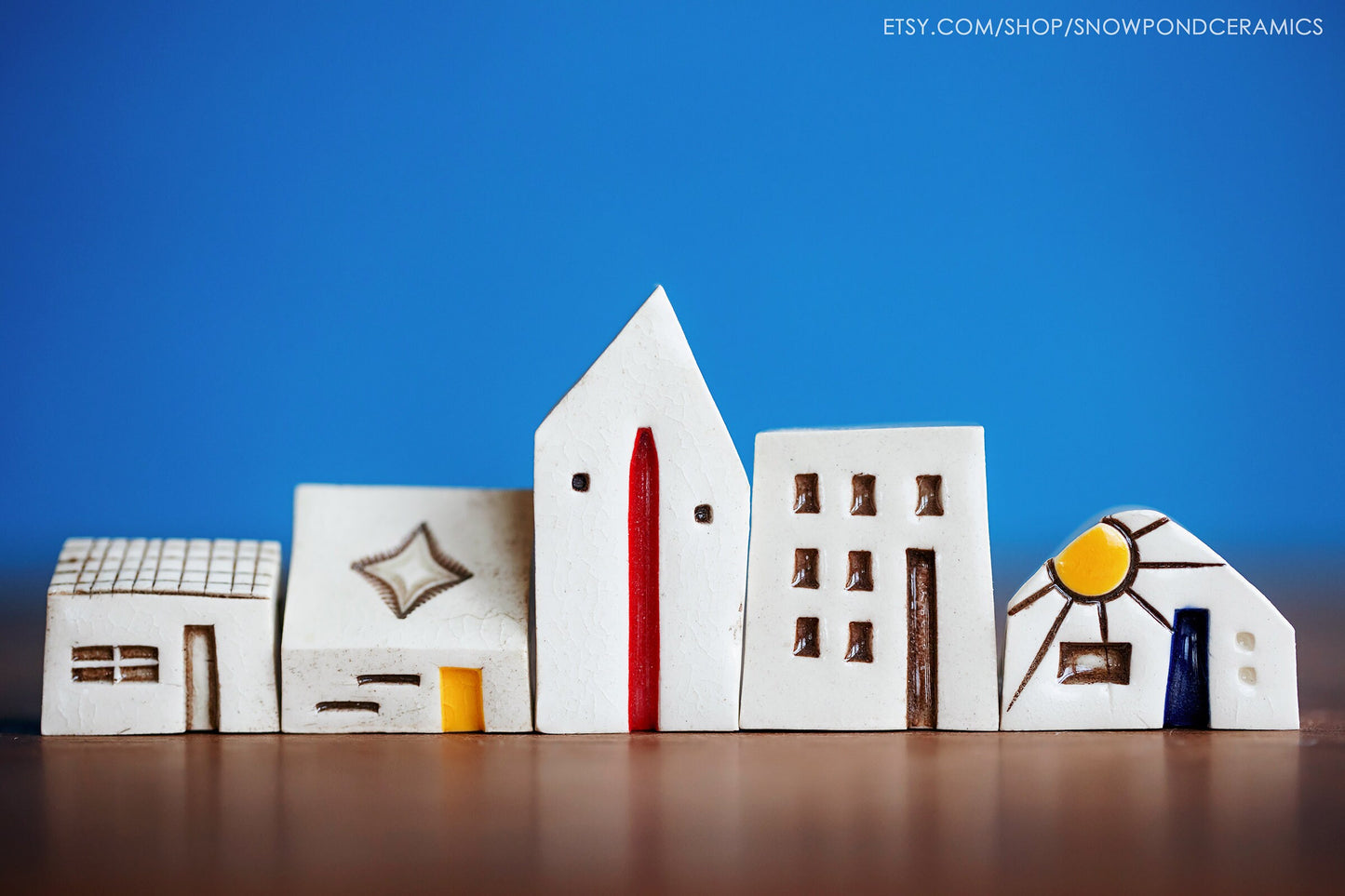 Small Ceramic Village with Sunshine and Yellow Doors - Secret HELLO Message