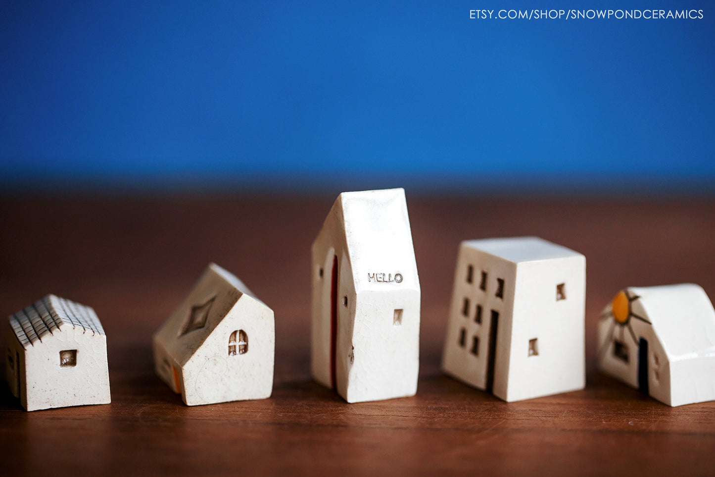 Small Ceramic Village with Sunshine and Yellow Doors - Secret HELLO Message