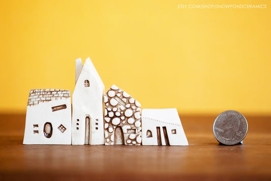 Old World Style Amsterdam White Ceramic Houses with Cobblestone and Brick