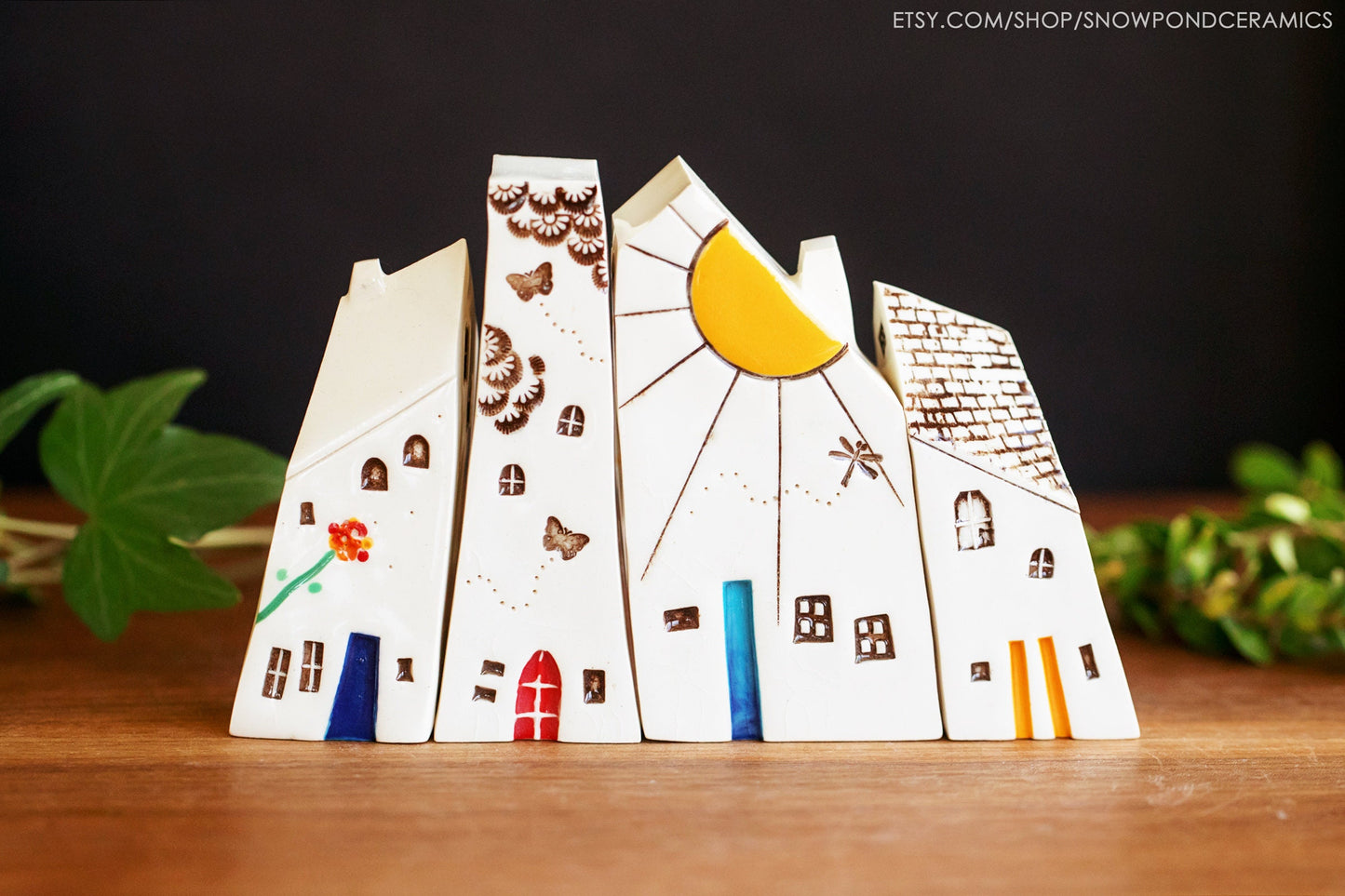 STORY VILLAGE - Whimsical Ceramic Houses of the Seasons - Summer, Fall, Winter, Spring - Happy Handmade Gift