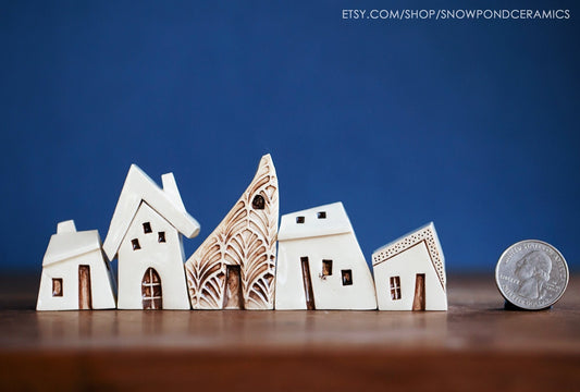 Ceramic Old World Miniature Village of Houses - Hygge Style, Ski Cabin - Unique Handmade Birthday Gift Idea