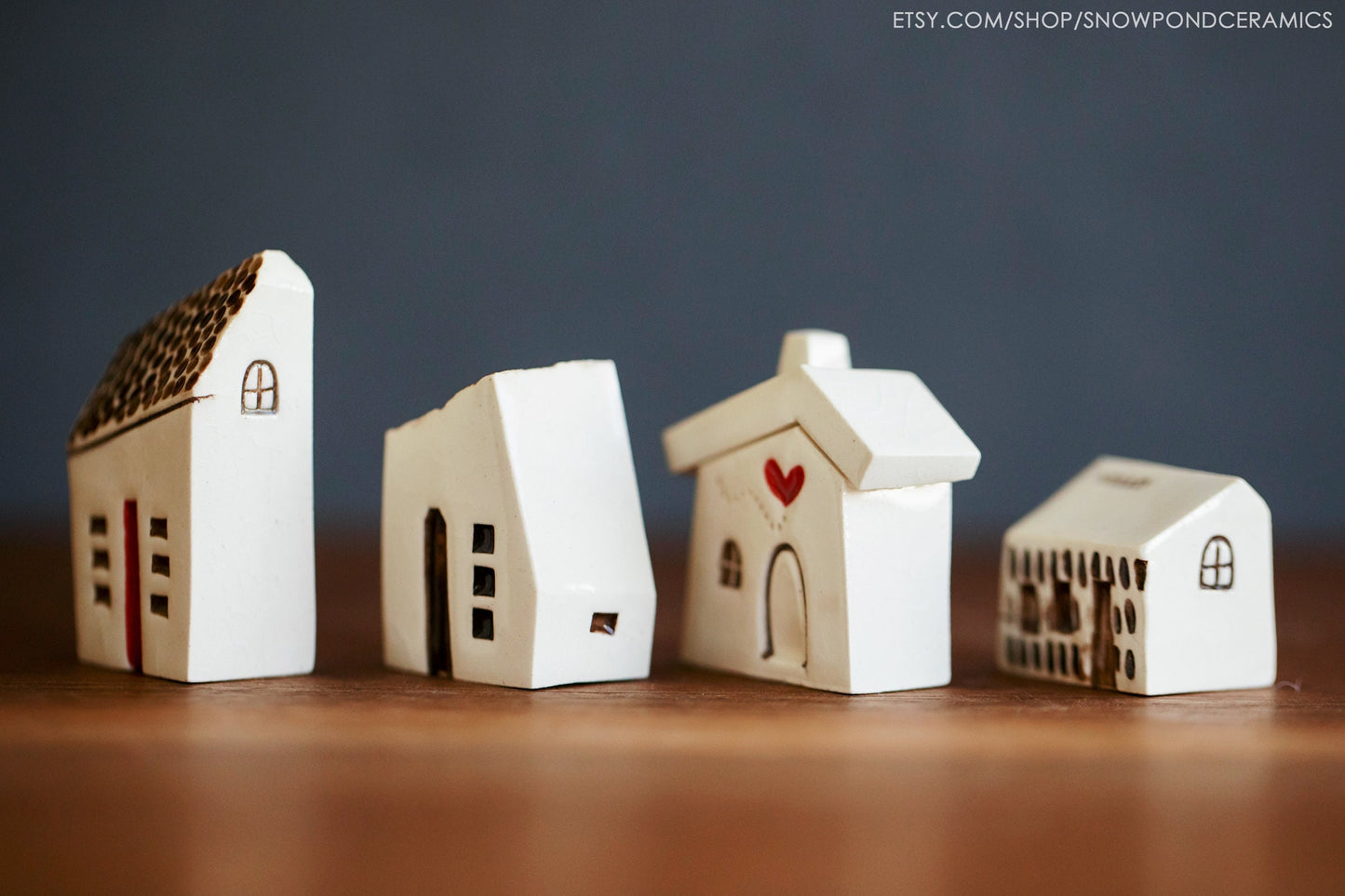 Small Whimsical Ceramic Houses with Heart and Pebble Texture - Happy Handmade Gift