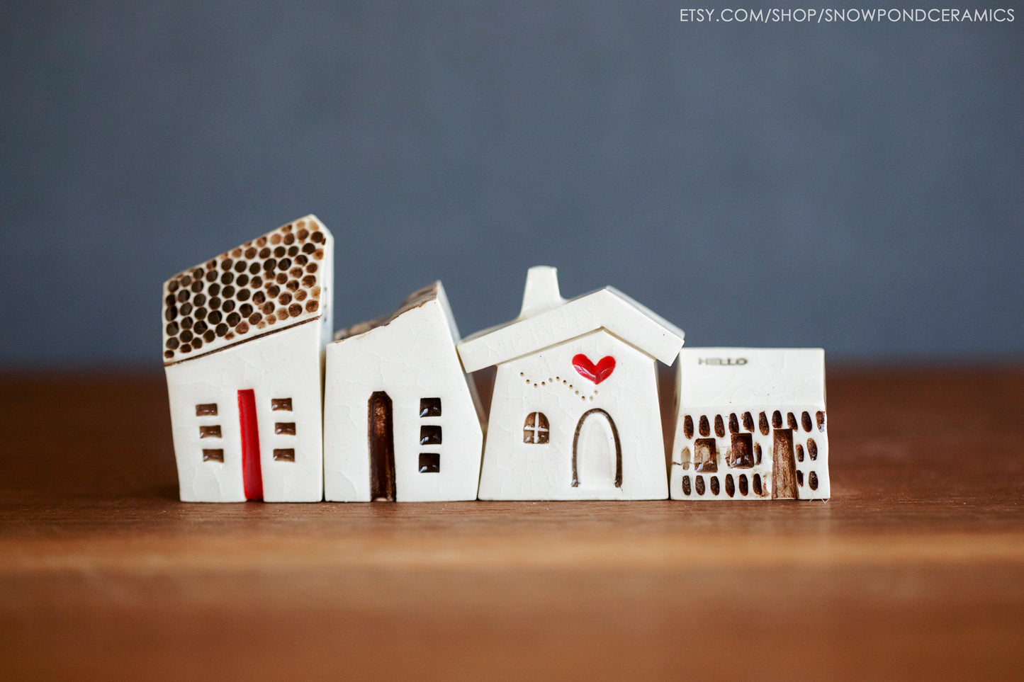 Small Whimsical Ceramic Houses with Heart and Pebble Texture - Happy Handmade Gift