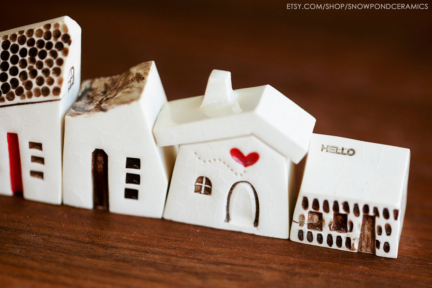 Small Whimsical Ceramic Houses with Heart and Pebble Texture - Happy Handmade Gift