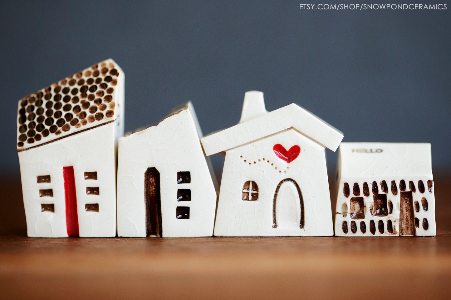 Small Whimsical Ceramic Houses with Heart and Pebble Texture - Happy Handmade Gift