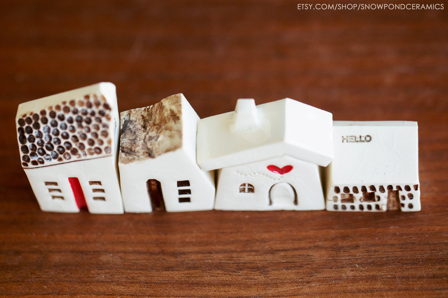 Small Whimsical Ceramic Houses with Heart and Pebble Texture - Happy Handmade Gift