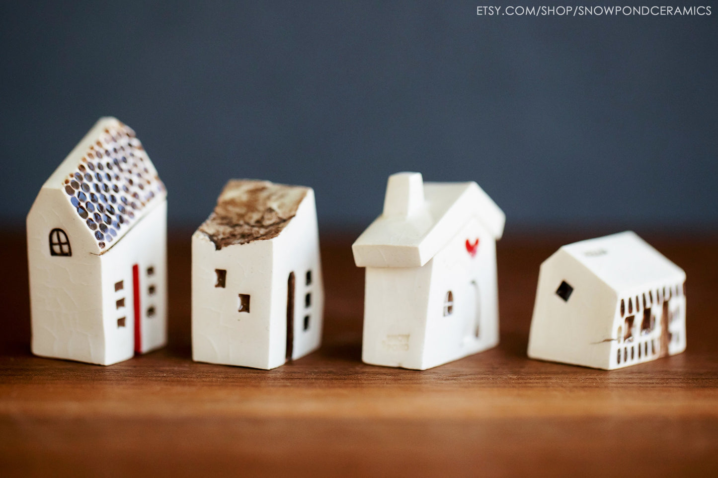 Small Whimsical Ceramic Houses with Heart and Pebble Texture - Happy Handmade Gift