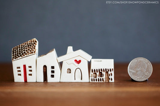 Small Whimsical Ceramic Houses with Heart and Pebble Texture - Happy Handmade Gift