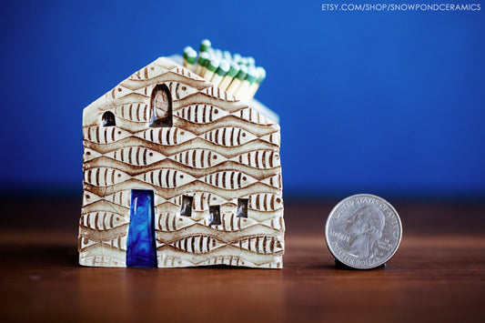 Whimsical Fish Pattern Ceramic House Blue Door Match Striker - Mantle Decor / Cabin Gift
