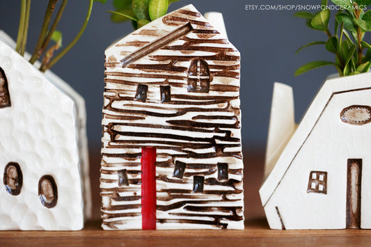 Small Log Cabin Ceramic Houses - Bud Vase / Reed Oil Diffuser Wood Texture - Teacher Gift Idea