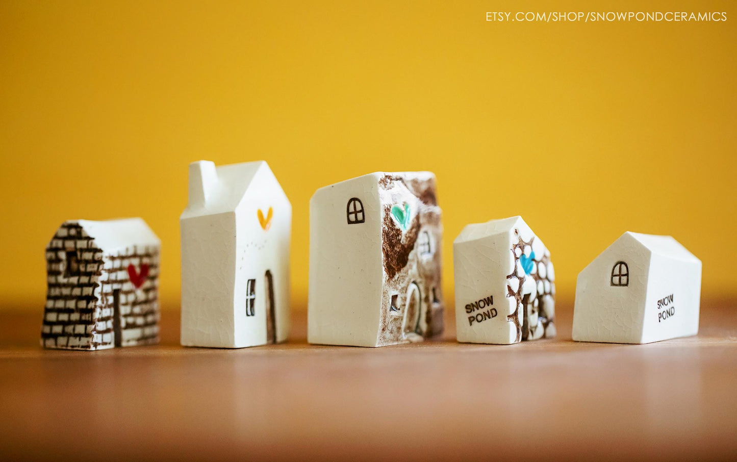 Miniature White Ceramic Houses with Rainbow of Hearts - Get Well Gift