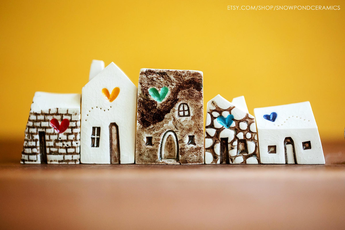 Miniature White Ceramic Houses with Rainbow of Hearts - Get Well Gift