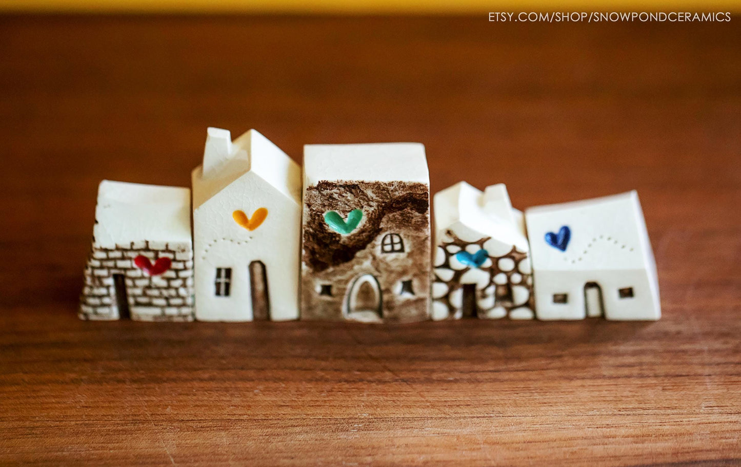 Miniature White Ceramic Houses with Rainbow of Hearts - Get Well Gift