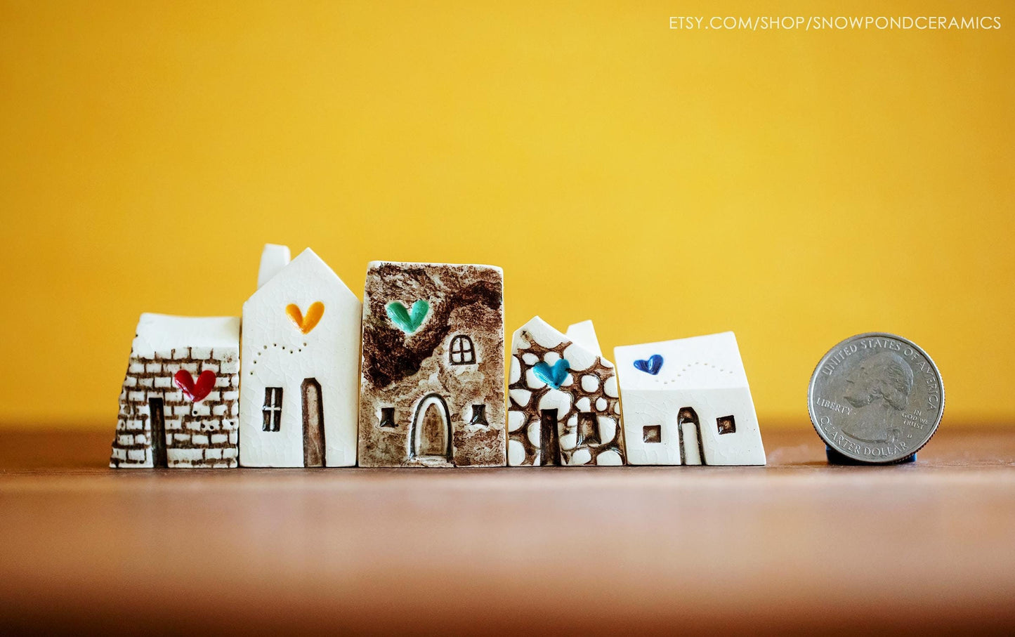 Miniature White Ceramic Houses with Rainbow of Hearts - Get Well Gift