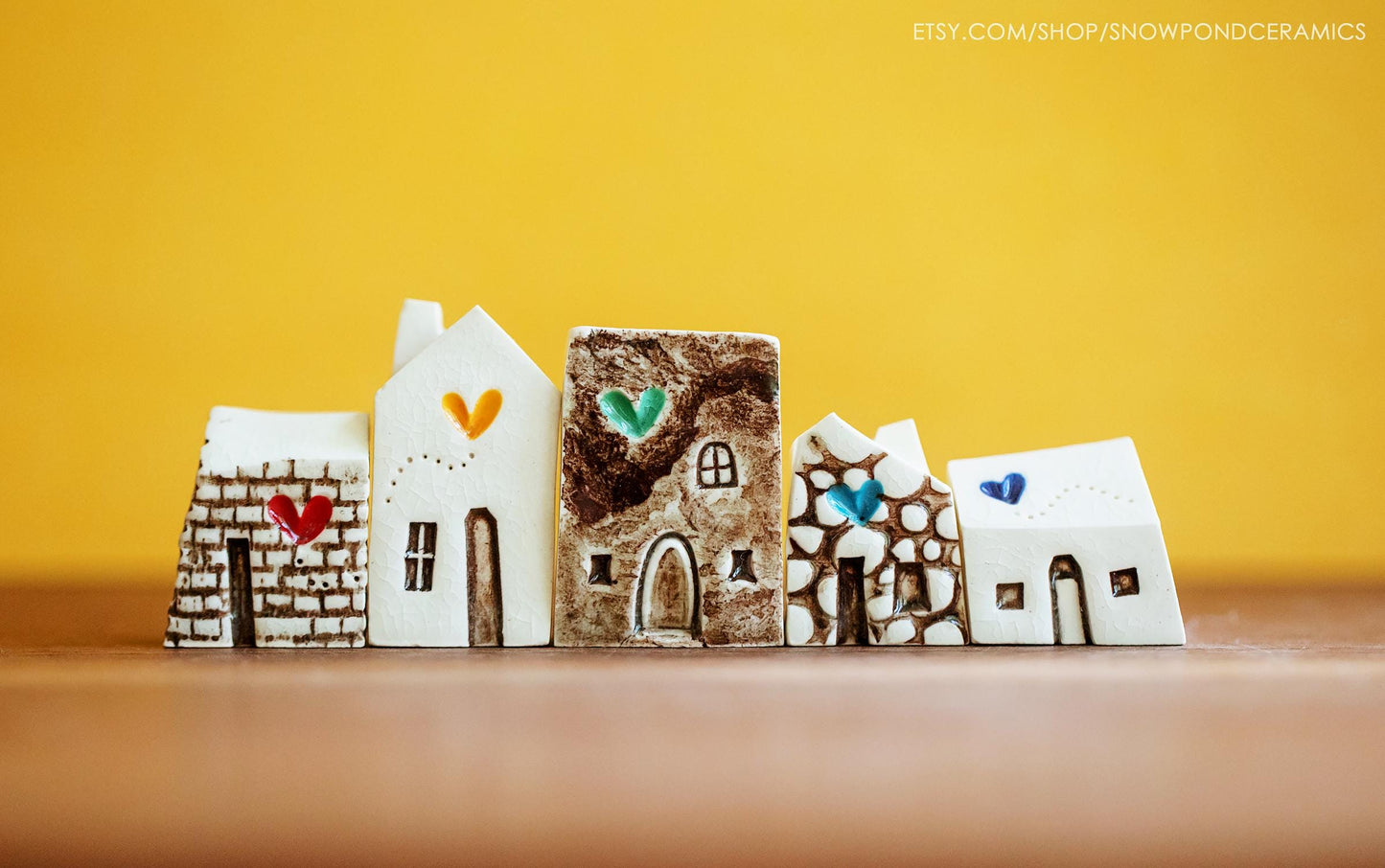 Miniature White Ceramic Houses with Rainbow of Hearts - Get Well Gift