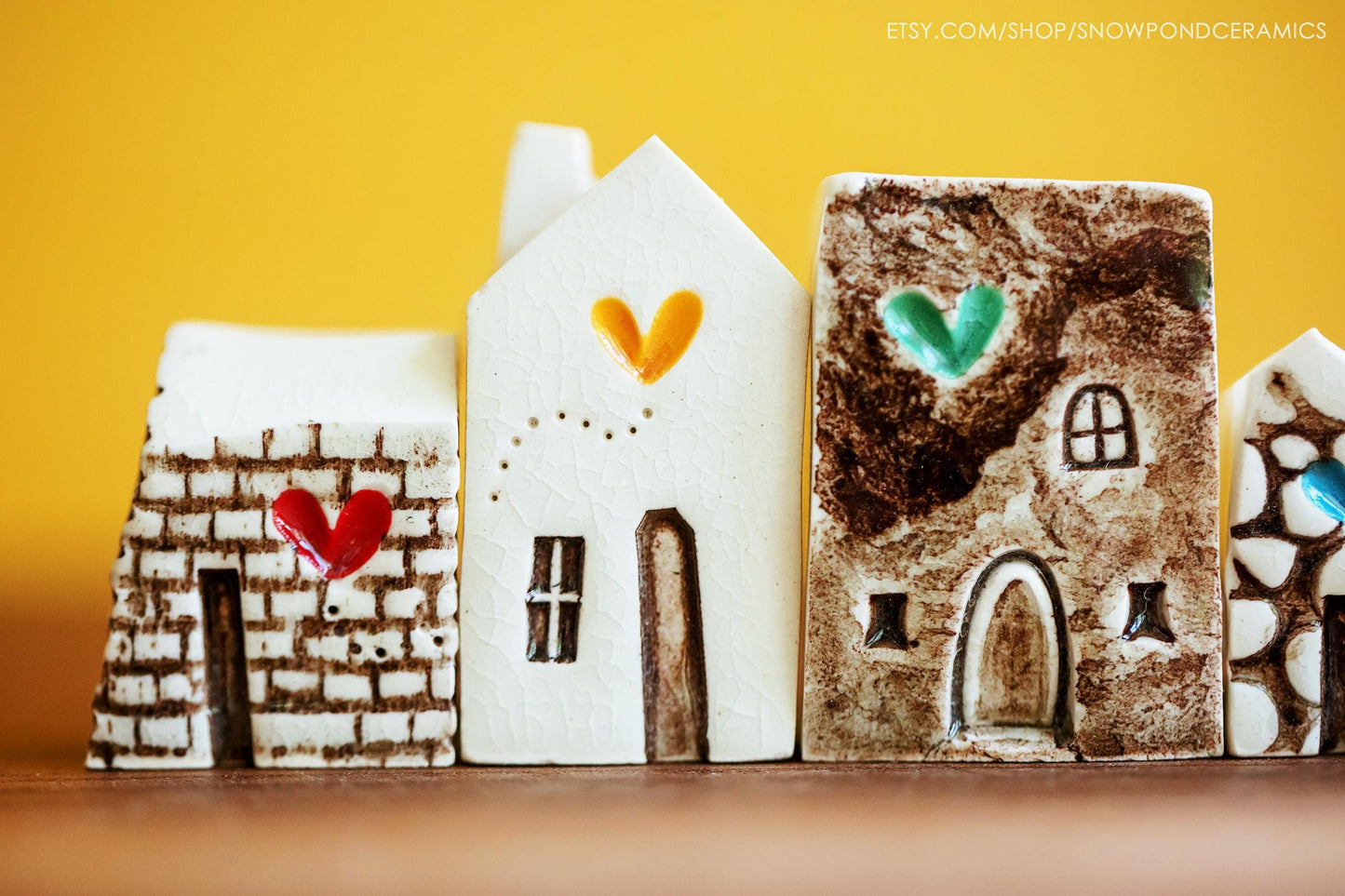 Miniature White Ceramic Houses with Rainbow of Hearts - Get Well Gift