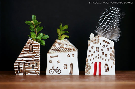 Small Fairy Ceramic Houses - Bud Vase / Pen Holder with Log Cabin Texture - Teacher Gift Idea