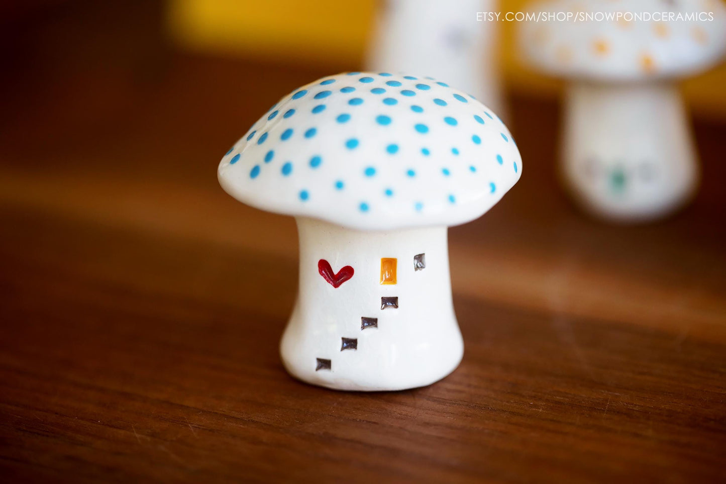 Whimsical Ceramic Polka Dot Mushroom Houses - Hearts and Dragonflies