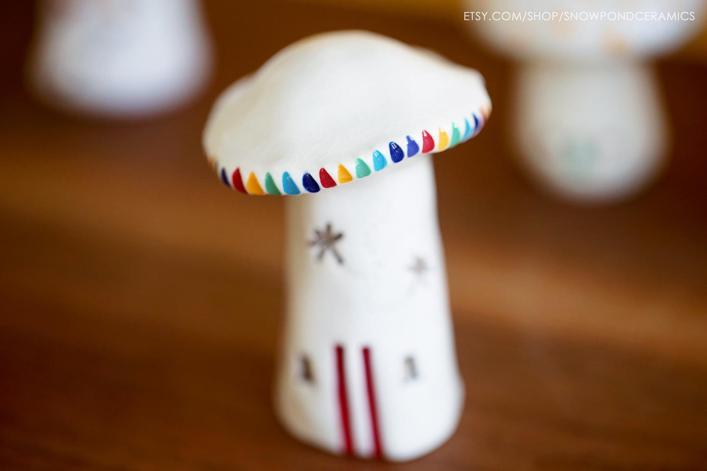 Whimsical Ceramic Polka Dot Mushroom Houses - Hearts and Dragonflies